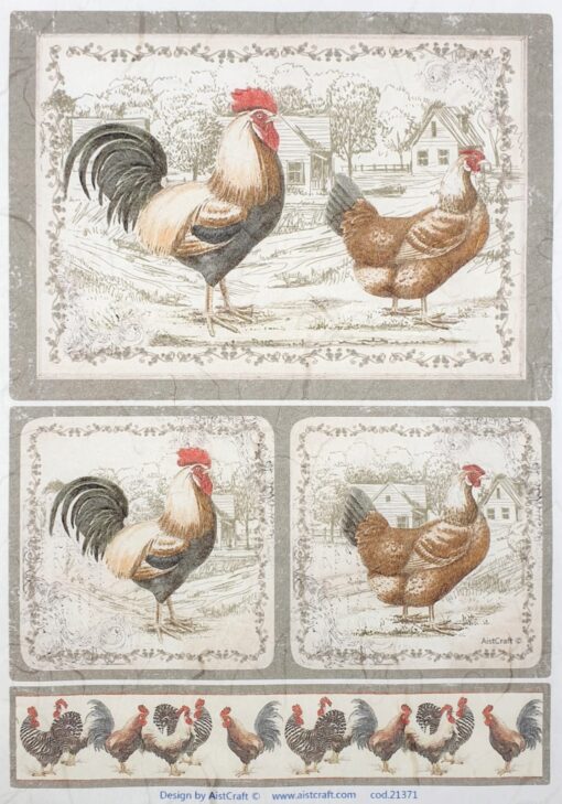 Hârtie de orez - Vintage Roosters and Hens 2 - A4 1