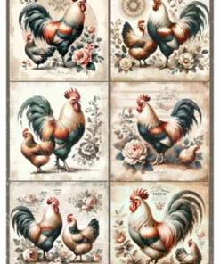 Hârtie de orez - Vintage Roosters and Hens 3 - A4