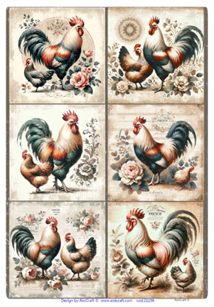 Hârtie de orez - Vintage Roosters and Hens 3 - A4 1 Hârtie de orez - Vintage Roosters and Hens 3 - A4