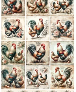 Hârtie de orez - Vintage Roosters and Hens - A4