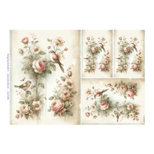 Hârtie de orez – Roses Birds Shabby –32x45 cm 1