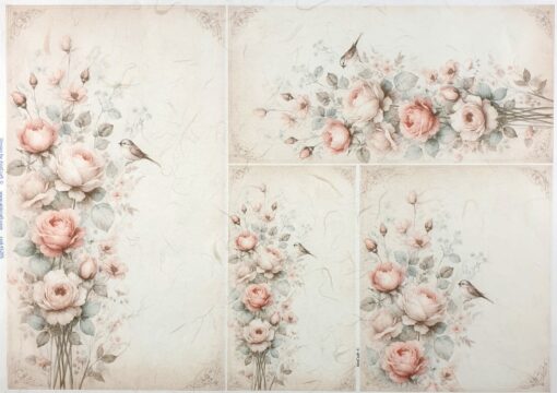 Hârtie de orez – Roses and Birds Shabby 2 –32x45 cm 1