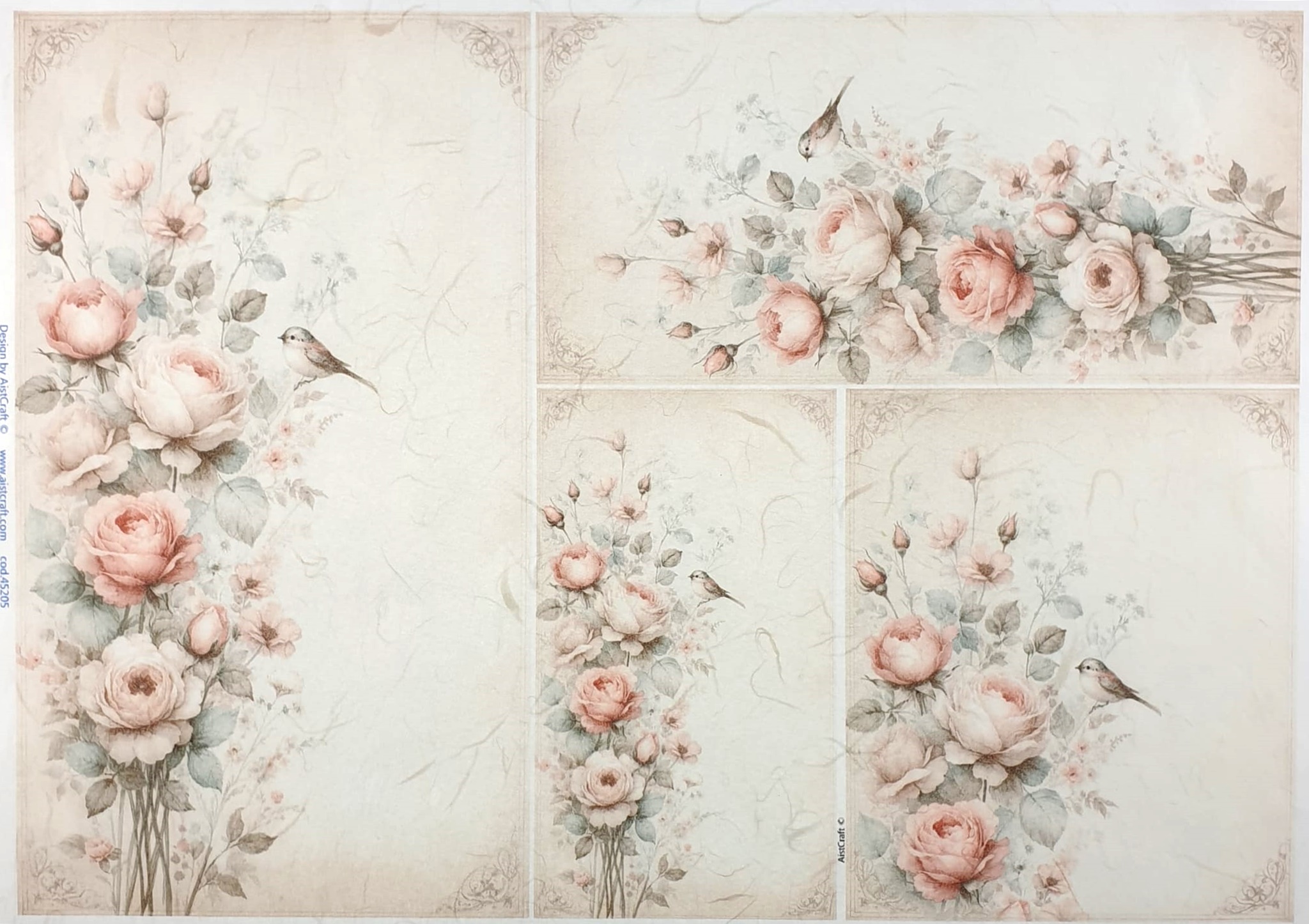 Hârtie de orez – Roses and Birds Shabby 2 –32x45 cm 1 Hârtie de orez – Roses and Birds Shabby 2 –32x45 cm