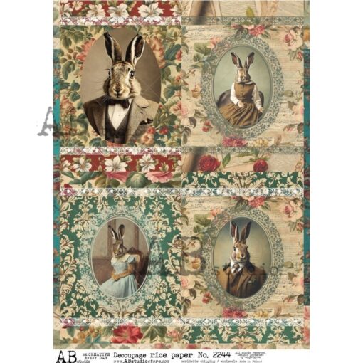 Hârtie de orez - Flower Wallpaper & Rabbits - A4 1
