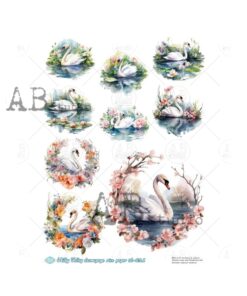 Hârtie de orez - Swan and Flowers 2 - A4