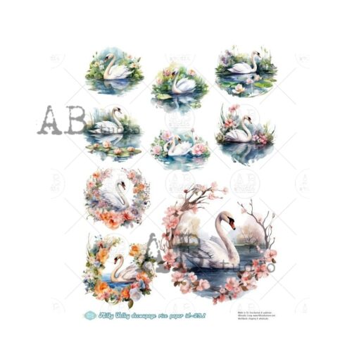Hârtie de orez - Swan and Flowers 2 - A4 1