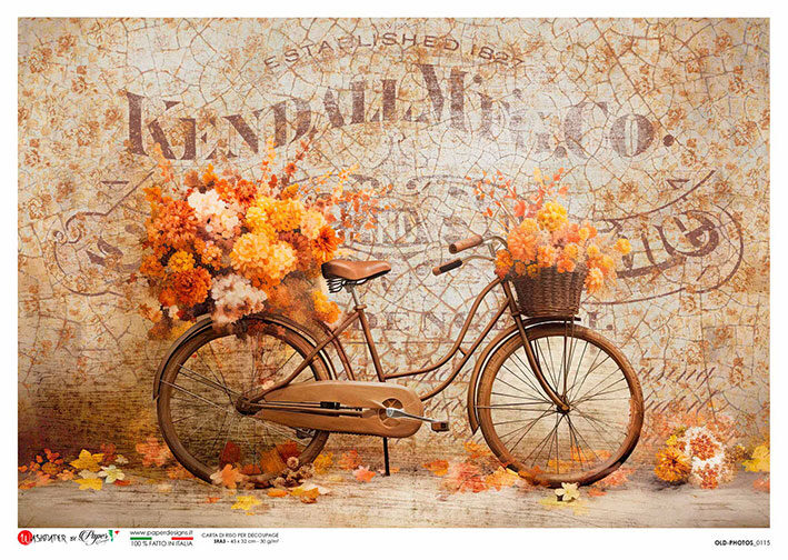Hârtie de orez - Bicycle with Autumn Flowers - A4 2 Hârtie de orez - Bicycle with Autumn Flowers - A4 - imagine 2