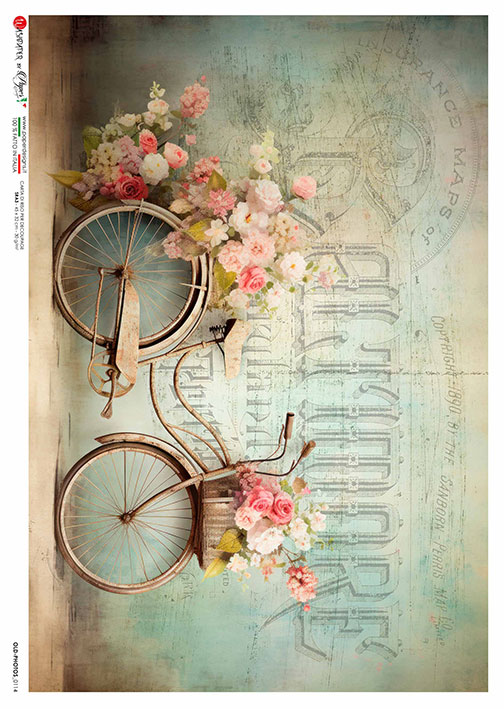 Hârtie de orez - Bicycle with Flowers - A4 2 Hârtie de orez - Bicycle with Flowers - A4 - imagine 2
