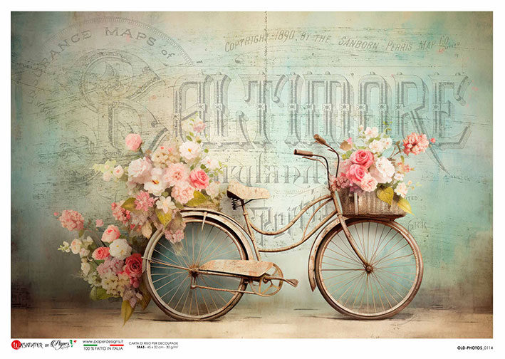 Hârtie de orez - Bicycle with Flowers - A4 1 Hârtie de orez - Bicycle with Flowers - A4