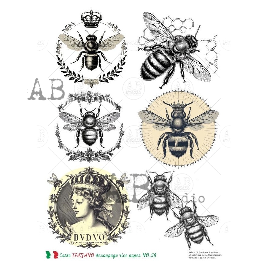 Hârtie de orez - Medallion with Bee - A4 1 Hârtie de orez - Medallion with Bee - A4
