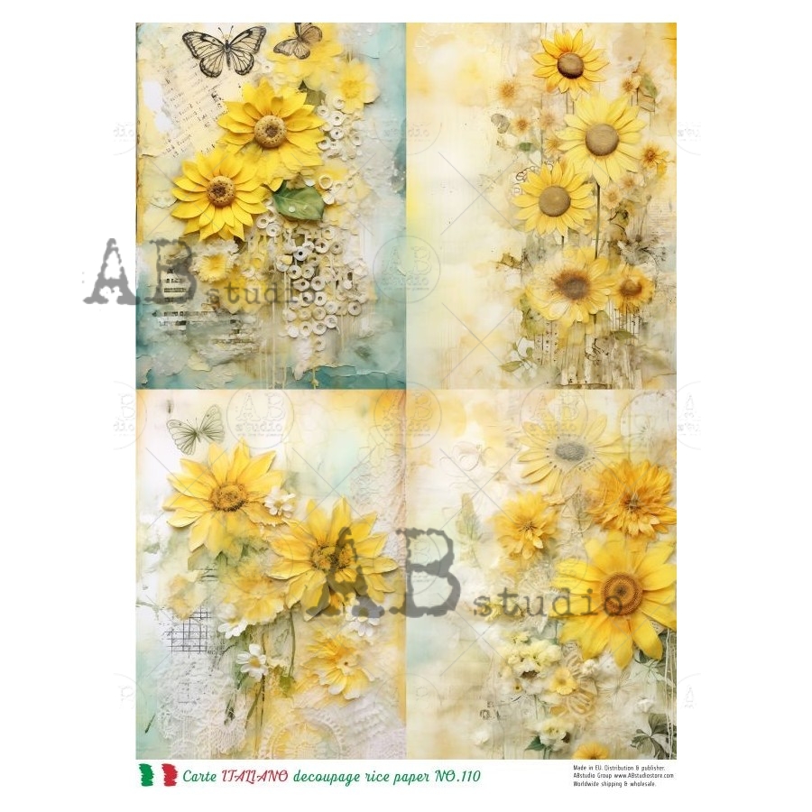 Hârtie de orez - Butterflies and Sunflowers 2 - A4 1 Hârtie de orez - Butterflies and Sunflowers 2 - A4