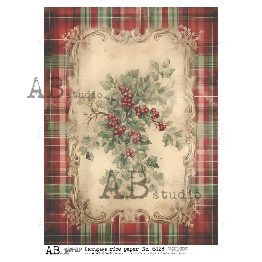 Hârtie de orez - Holly Berry Plaid - A4 1 Hârtie de orez - Holly Berry Plaid - A4