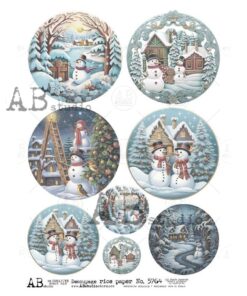 Hârtie de orez - Medallions with Snowmen 2 - A4