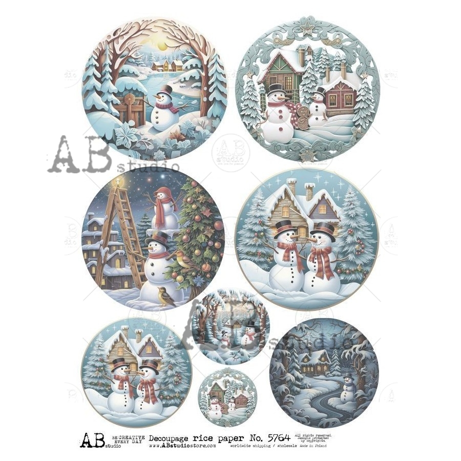 Hârtie de orez - Medallions with Snowmen 2 - A4 1 Hârtie de orez - Medallions with Snowmen 2 - A4