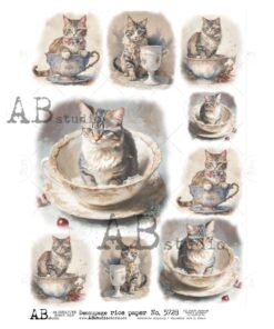 Hârtie de orez - Teacup cat label vintage - A4