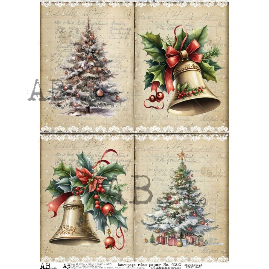 Hârtie de orez – Christmas Tree and Bell – A3 1 Hârtie de orez – Christmas Tree and Bell – A3