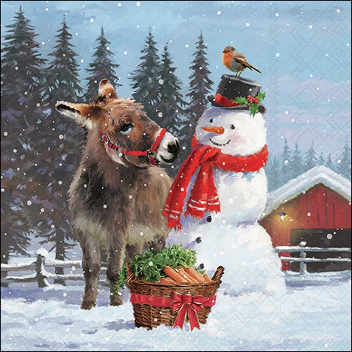Șervețel - Donkey with Snowman - 33x33 cm 1 Șervețel - Donkey with Snowman - 33x33 cm