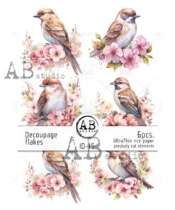 Decoupage flakes - Sparrows & Flowers - 6 buc.