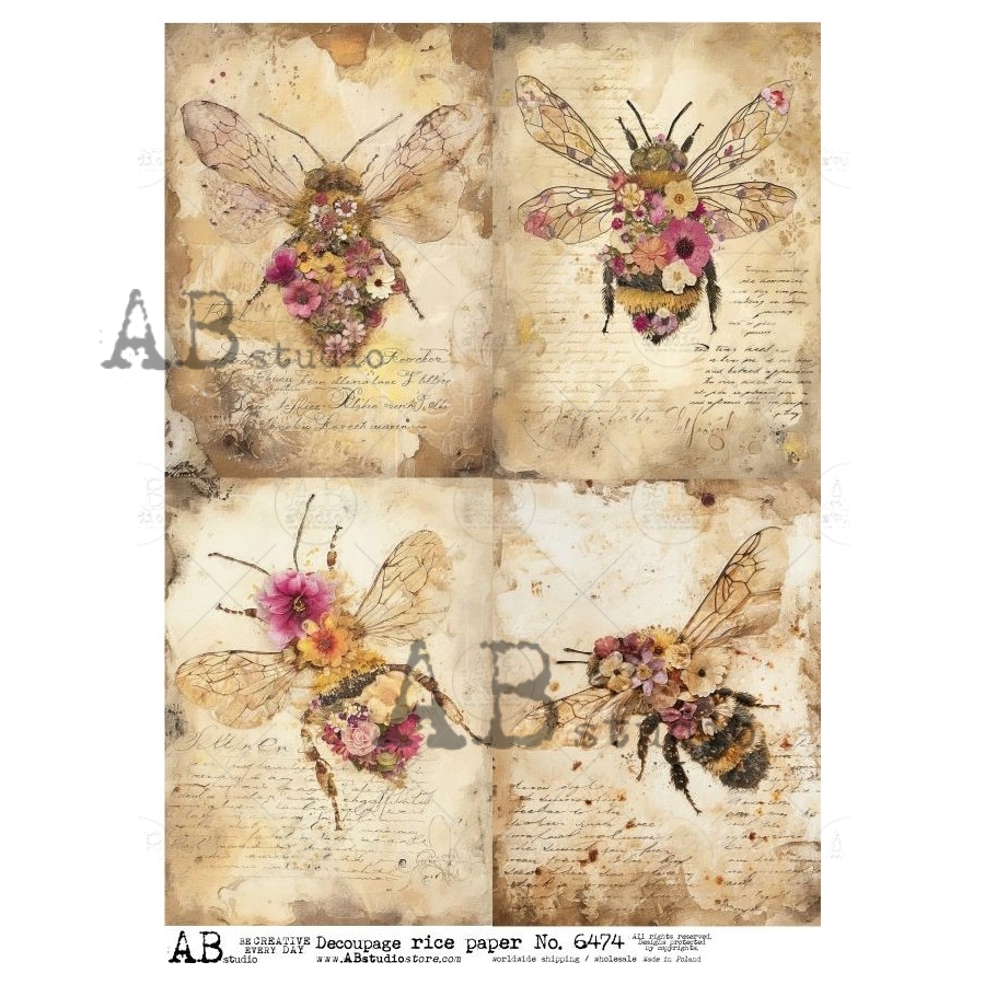 Hârtie de orez - Floral Bees - A4 1 Hârtie de orez - Floral Bees - A4
