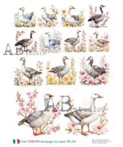 Hârtie de orez - Goose in Flowers - A4