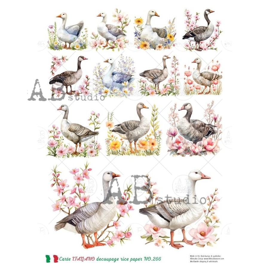 Hârtie de orez - Goose in Flowers - A4 1 Hârtie de orez - Goose in Flowers - A4