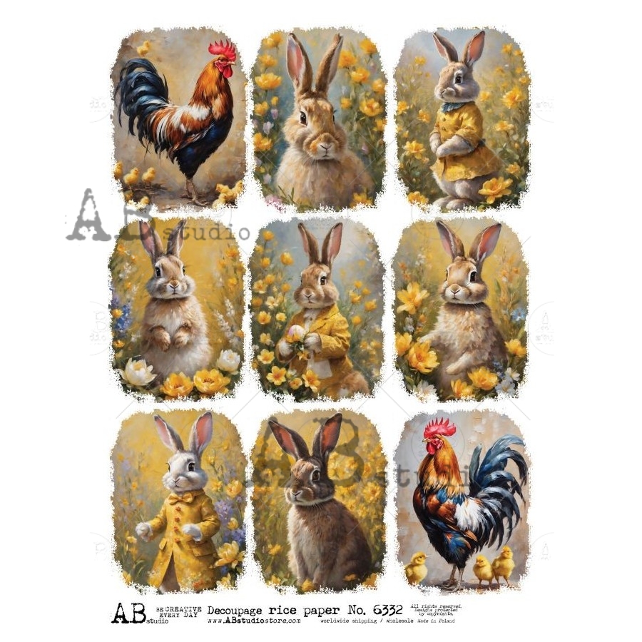 Hârtie de orez - Rabbits and the Rooster - A4 1 Hârtie de orez - Rabbits and the Rooster - A4