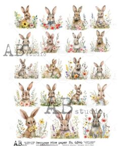 Hârtie de orez - Rabbits in Flowers - A4