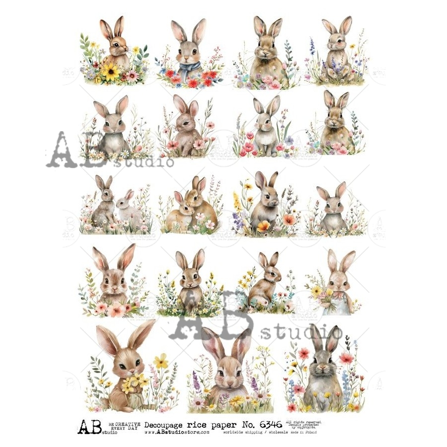 Hârtie de orez - Rabbits in Flowers - A4 1 Hârtie de orez - Rabbits in Flowers - A4