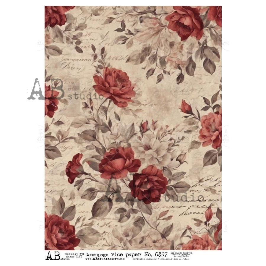 Hârtie de orez - Red Roses Wallpaper - A4 1 Hârtie de orez - Red Roses Wallpaper - A4