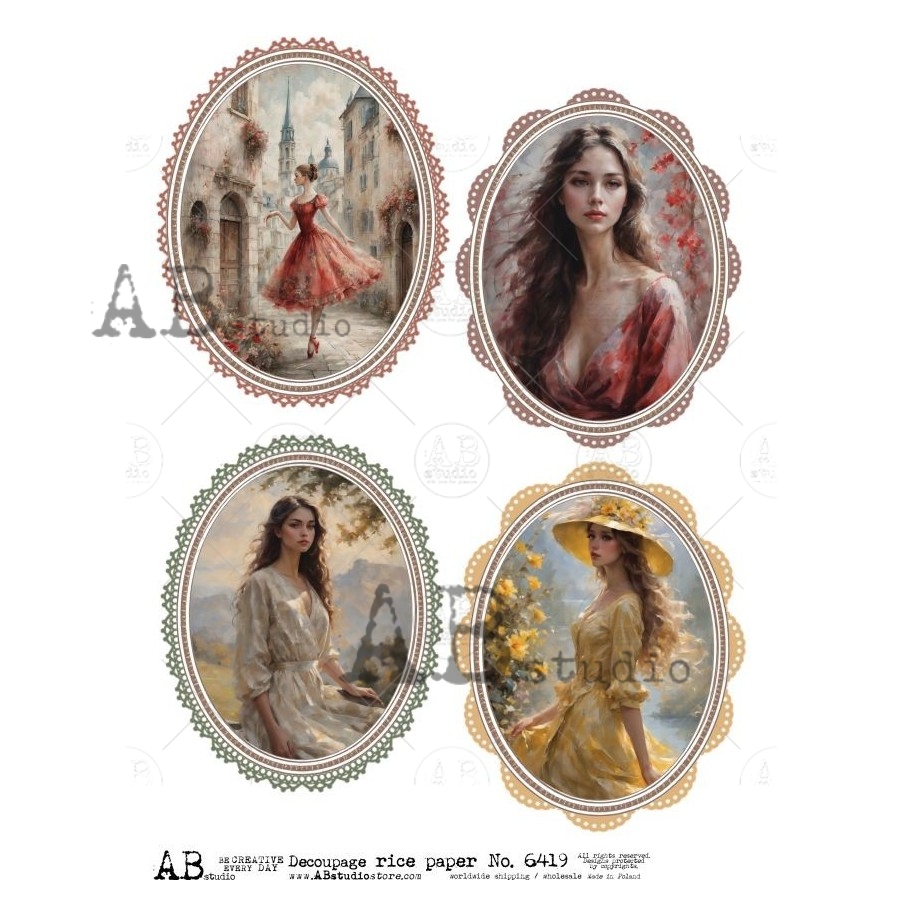 Hârtie de orez - Medallions with Ladies - A4 1 Hârtie de orez - Medallions with Ladies - A4