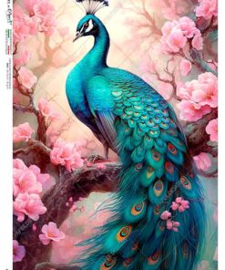 Hârtie de orez – Peacock and Pink Flowers – A5