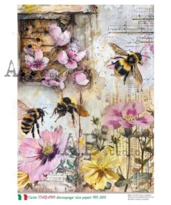 Hârtie de orez – Bees and Pink Flowers – A4