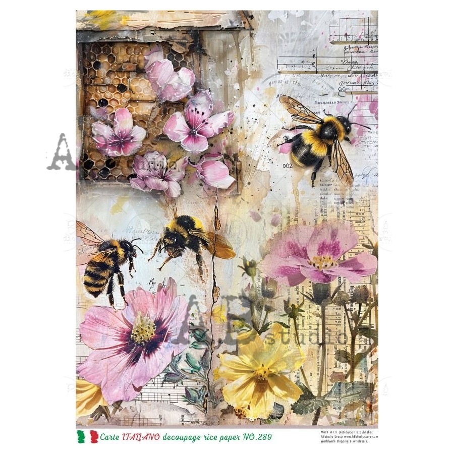 Hârtie de orez – Bees and Pink Flowers – A4 1 Hârtie de orez – Bees and Pink Flowers – A4