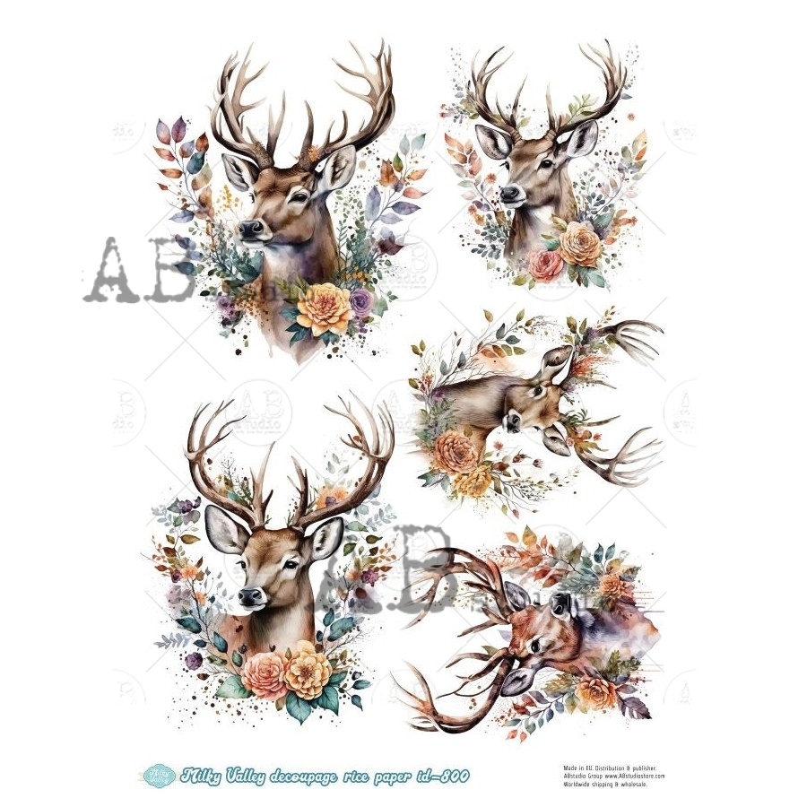 Hârtie de orez – Deer with Flowers – A4 1 Hârtie de orez – Deer with Flowers – A4