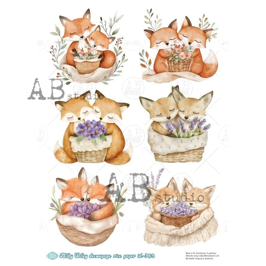 Hârtie de orez – Foxes with Flowers – A4 1 Hârtie de orez – Foxes with Flowers – A4