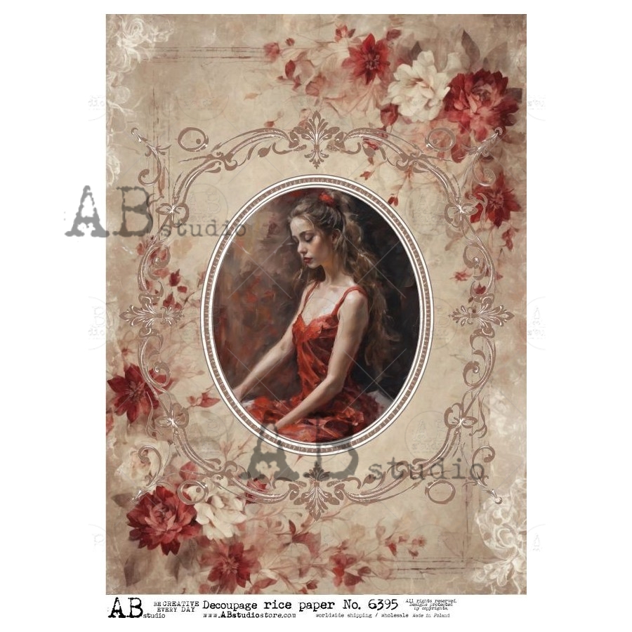Hârtie de orez – Medallion with Lady in red – A4 1 Hârtie de orez – Medallion with Lady in red – A4