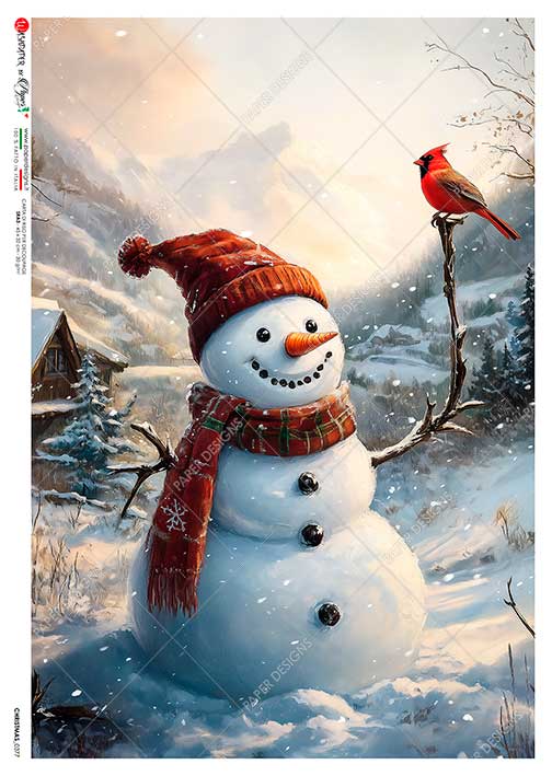 Hârtie de orez - Snowman and Red Cardinal - A5 1 Hârtie de orez - Snowman and Red Cardinal - A5