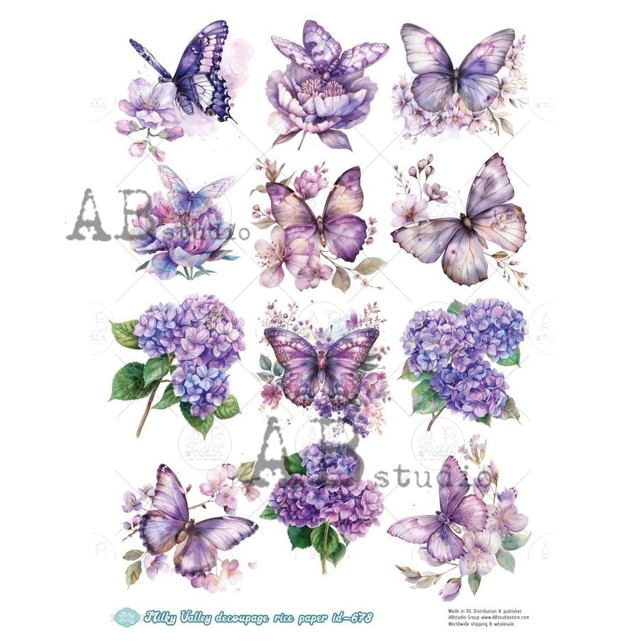 Hârtie de orez - Violet Butterflies - A4 1 Hârtie de orez - Violet Butterflies - A4