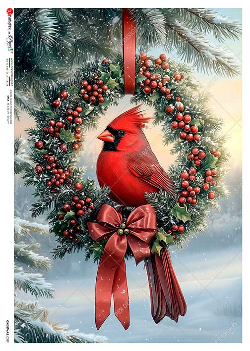 Hârtie de orez - Wreath with Red Cardinal - A5 1 Hârtie de orez - Wreath with Red Cardinal - A5