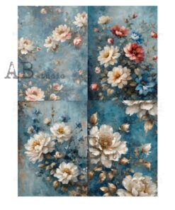 Hârtie de orez - Blue Background and Flowers - A4