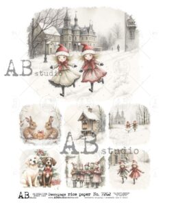 Hârtie de orez – Children and Pets in Winter – A4