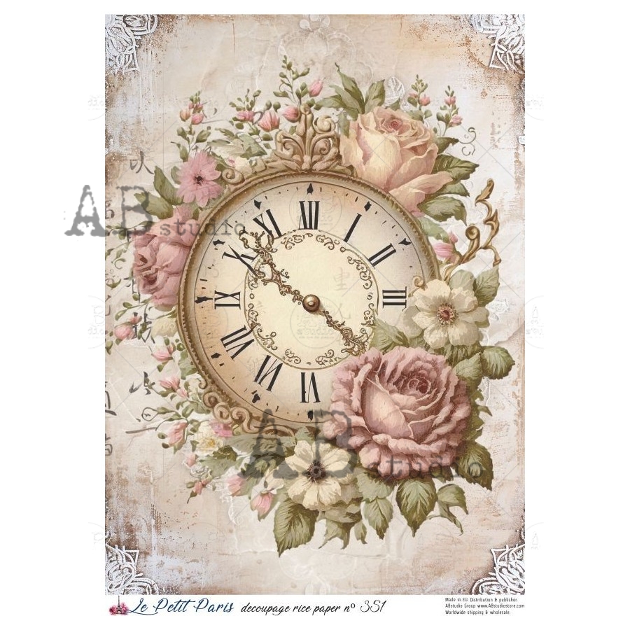 Hârtie de orez – Clock with Flowers – A4 1 Hârtie de orez – Clock with Flowers – A4