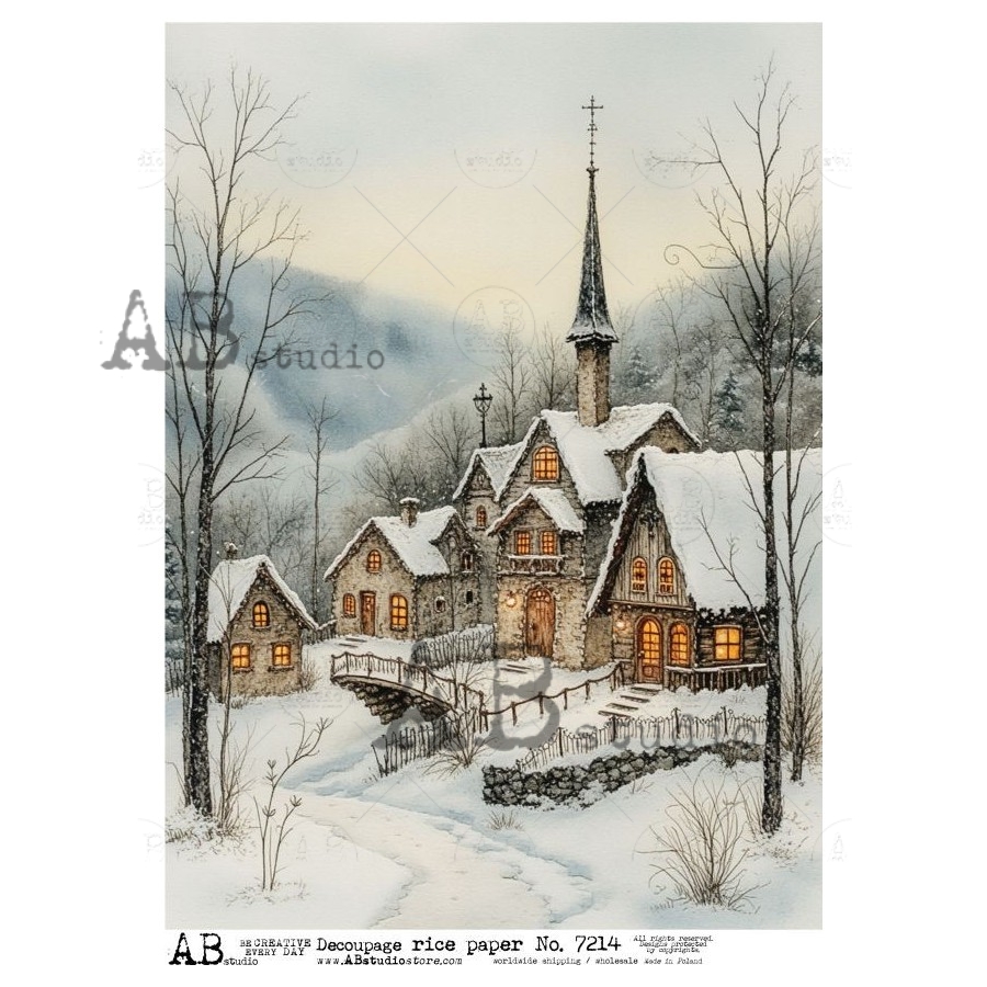 Hârtie de orez – Rustic Church in Winter – A4 1 Hârtie de orez – Rustic Church in Winter – A4
