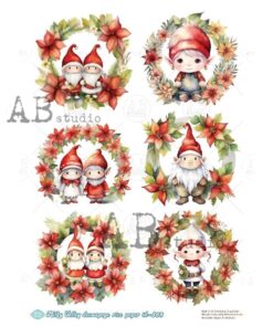 Hârtie de orez – The Elves in Poinsettia Wreath - A4