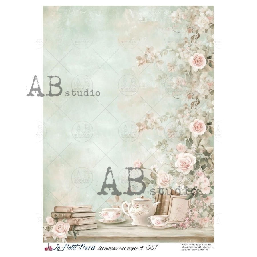 Hârtie de orez – Tea, Books and Roses – A4 1 Hârtie de orez – Tea, Books and Roses – A4