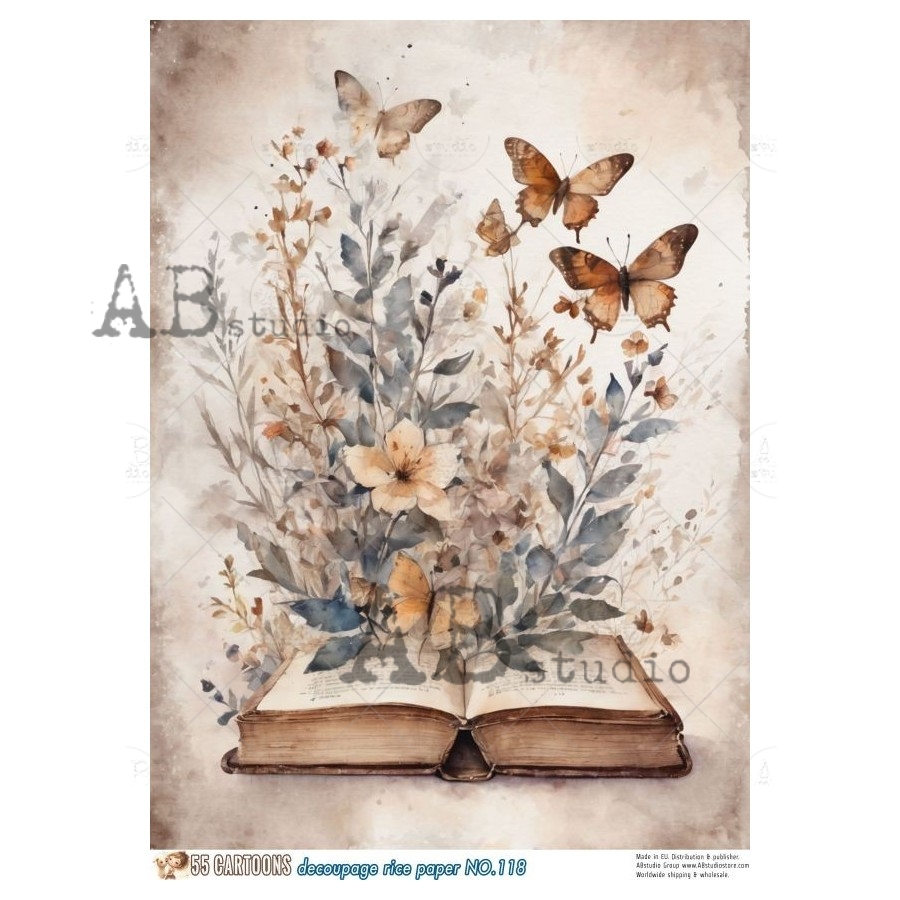 Hârtie de orez – The Book and Buterflies – A4 1 Hârtie de orez – The Book and Buterflies – A4