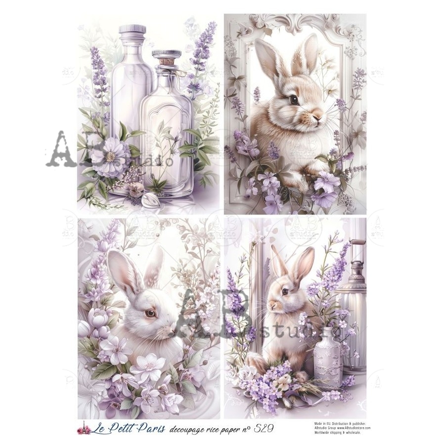 Hârtie de orez - Bunnies and Lavender – A4 1 Hârtie de orez - Bunnies and Lavender – A4