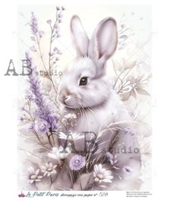Hârtie de orez - Bunny in Lilac Meadow – A4