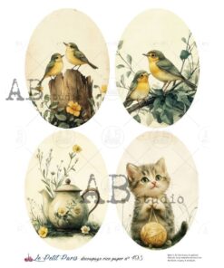 Hârtie de orez – Birds and Kitty – A4