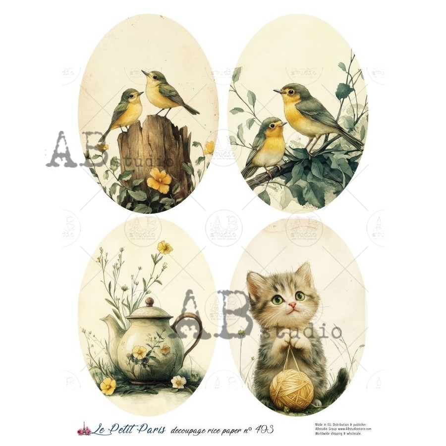 Hârtie de orez – Birds and Kitty – A4 1 Hârtie de orez – Birds and Kitty – A4